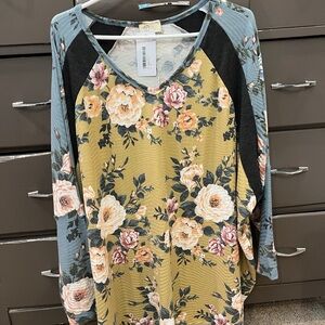 Floral Long Sleeve Top with Blue and Yellow Accents